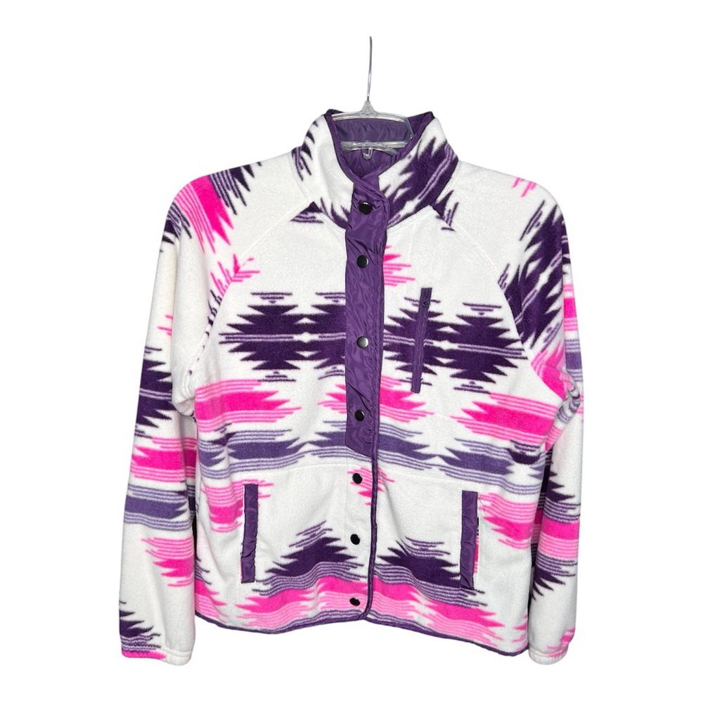 Southwestern Aztec Retro Print Snap-Front Fleece Jacket - Hot Pink/Purple